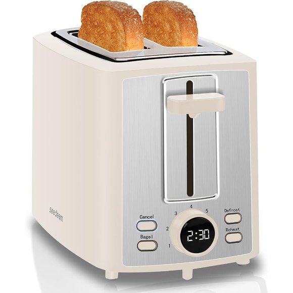 Home Cream White Steel 2 Slice Bread Toaster with LCD Display 7 Shade Settings - Picture 1 of 8